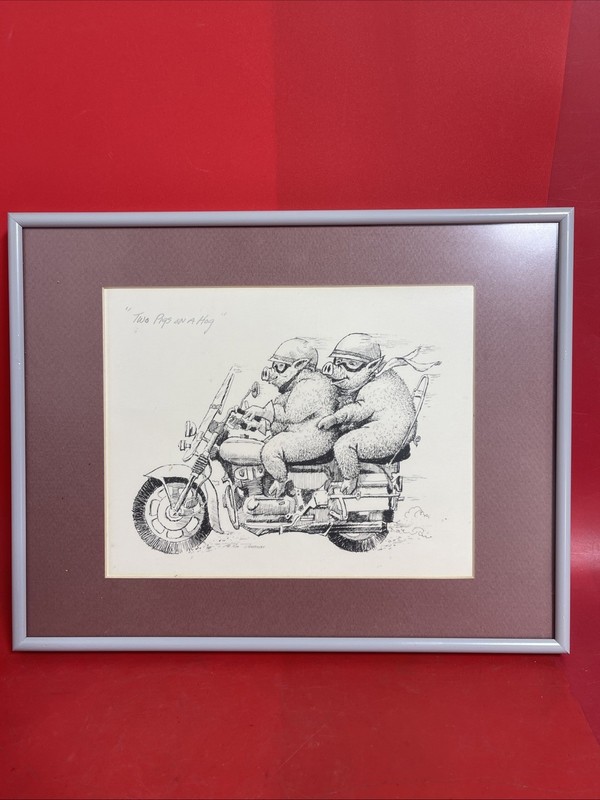 Ron Dembrosky “Two Pigs on a Hog” Signed Cartoon Print Harley Motorcycle Art