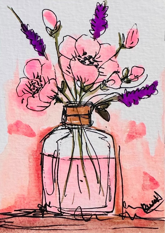 Original Watercolor Floral Still Life Pink Flowers Lavender Glass Vase ACEO OOAK