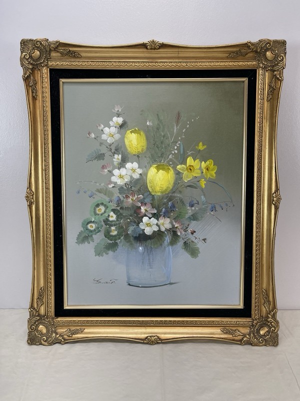 Framed Oil Painting Tulip Floral Vase Decor Gold Frame Hollywood Regency Edward