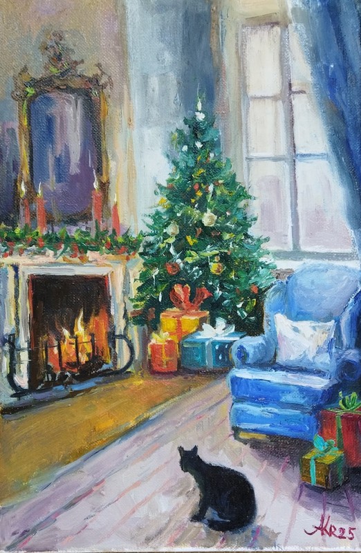 Christmas Interior Original Oil Painting Cozy Black Cat Christmas Tree Artwork