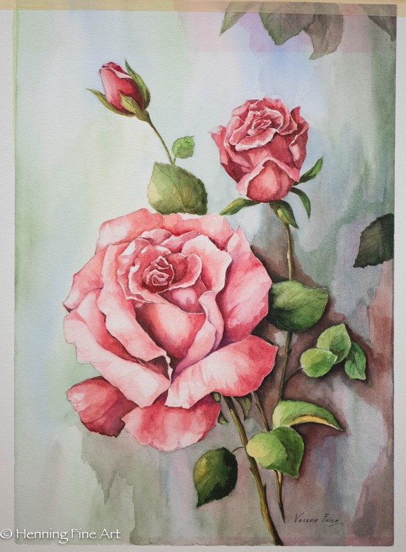 Beautiful Valerie Frick Watercolor Painting Red Rose Floral Still Life 1/4