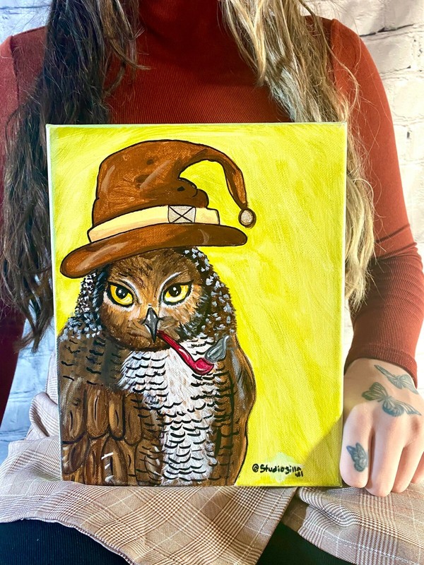 Whimsical Wizard Owl painting, Harry Potter inspired art, cute animals with hats gallery