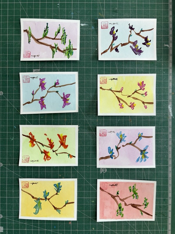 aceo original painting “Japanese Sumi-e Flowers” 1/8 by Sasu-san gallery