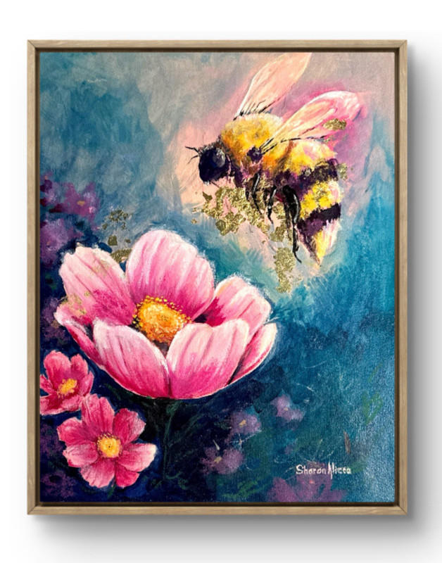 Pink Cosmos and Bumblebee - Original Abstract Realism Art 14x11 Acrylic Painting gallery