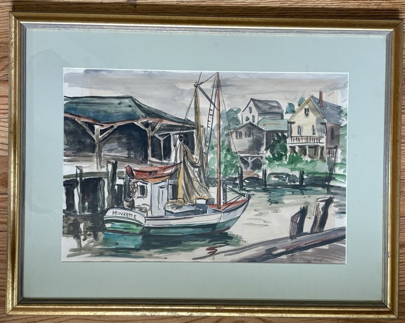 Nautical Watercolor by Rosenthal New England Coastal Harbor Scene Boat Minkette