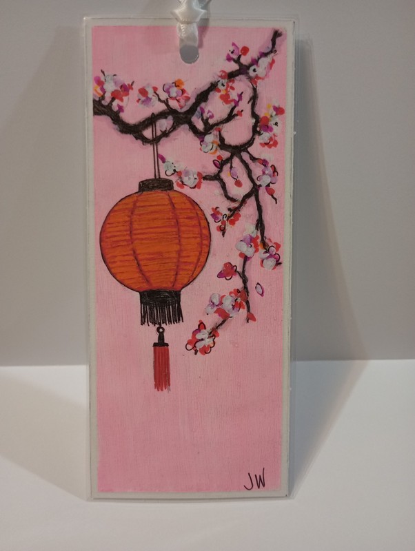 Hand-Painted Original Bookmark Laminated – Japanese Lantern & Cherry Blossoms