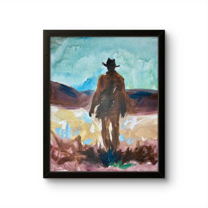 Western Cowboy Painting Original Ranch Landscape Rustic Wall Art 14×11