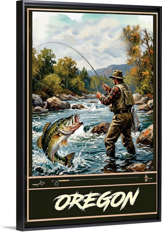 Bass Fly Fishing Travel Poster Oregon Print, Canvas, or Framed gallery