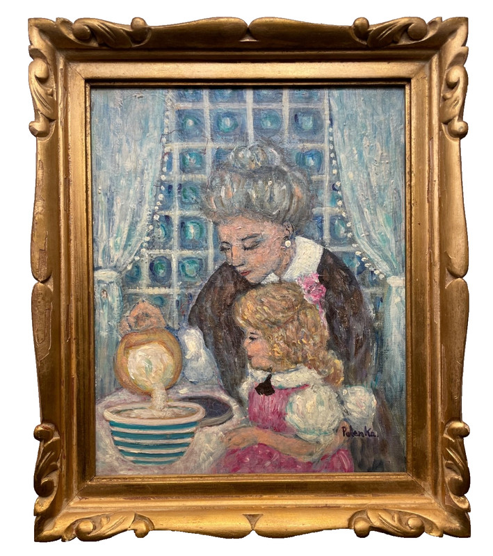 VINTAGE OIL PAINTING – HEARTWARMING FAMILY BREAKFAST MOTHER & CHILD – SIGNED