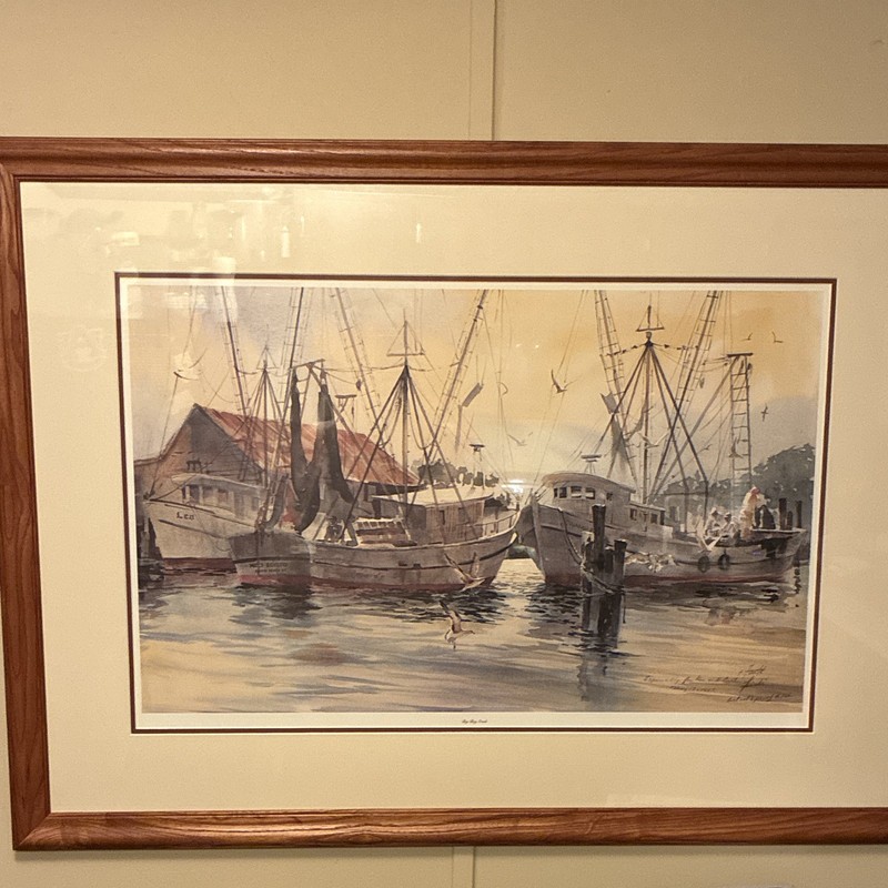 Frank Signed Watercolor Harbor Fishing Boats Realism, Matted & Framed, 1983