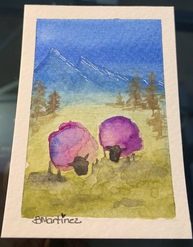 ACEO Original Two Purple Sheep In Field