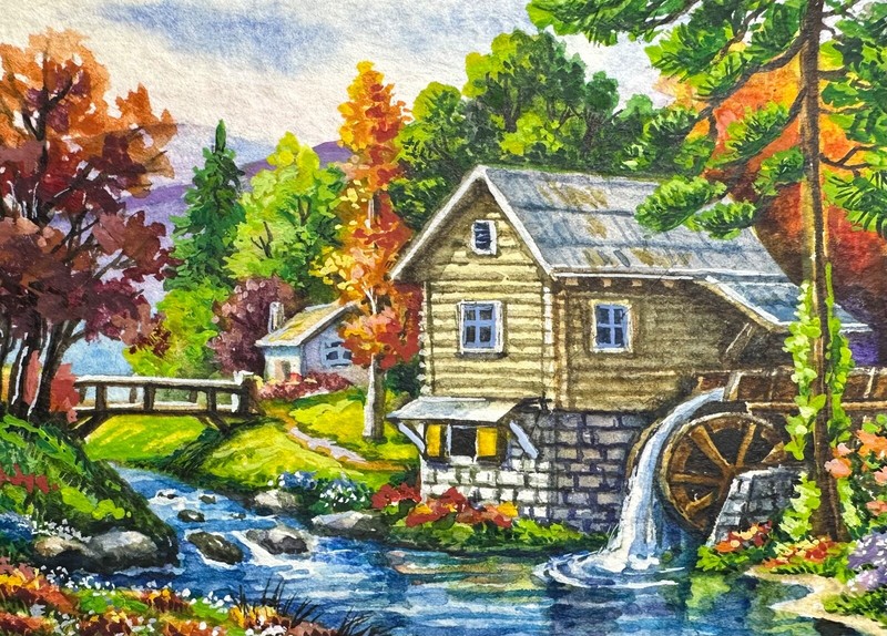 Watercolor Painting Landscape Log Cabin River Nature Mountains ACEO Art No.209