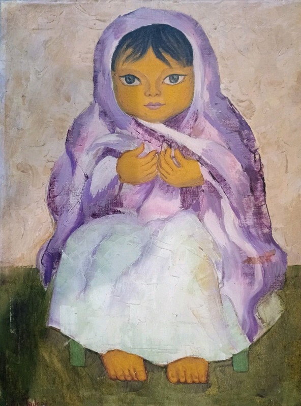 Mexican Art J ORTIZ TAJONAR Oil painting of girl with purple shawl