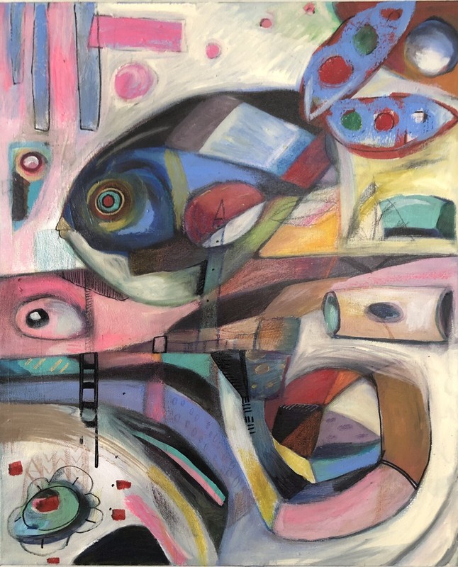 MBollen new original Mixed Media “Fish Outta Water” Abstract Shapes Miro Style