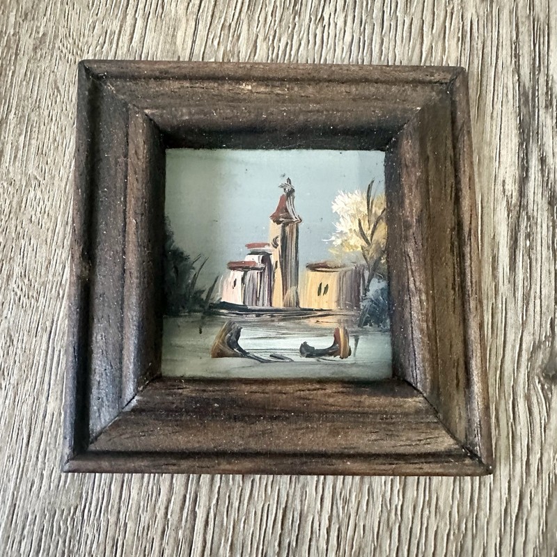 Vintage Enamel on Copper Artwork Miniature Church Painting 1970s Framed 3.25”