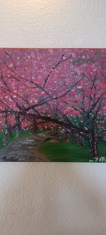 JVR Signed Impressionist Cherry Blossom Pathway Landscape Canvas, 2023