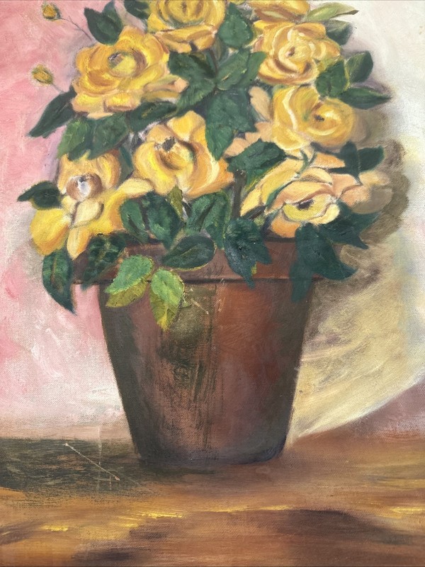Vintage Floral Yellow Roses Oil Painting Signed Mattie Anderson 27"x 31" gallery