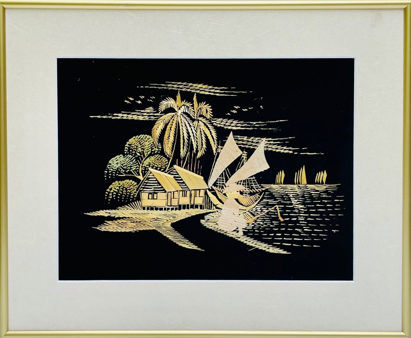 Vtg Mixed Media Collage Painting W/Real Bamboo on Black Velvet Thailand Village