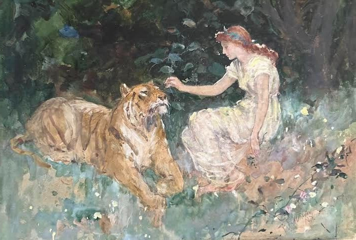 F S CHURCH, «GIRL & TIGER» ORIGINAL OIL PAINTING