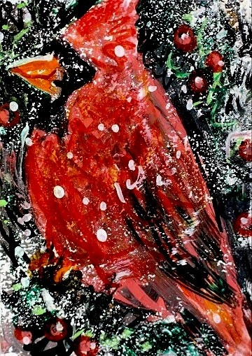 ORIGINAL Male Cardinal Bird ACEO PAINTING Winter Red BIRD Snow Animal Nature ART