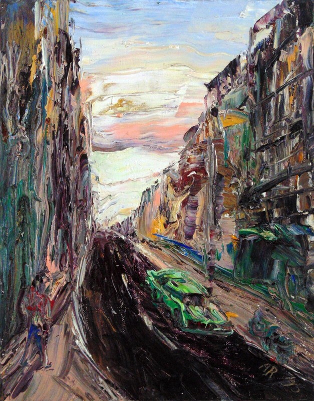 BROOKLYN WITH GREEN CAR Arthur Robins Original OIL Painting CITYSCAPE surreal