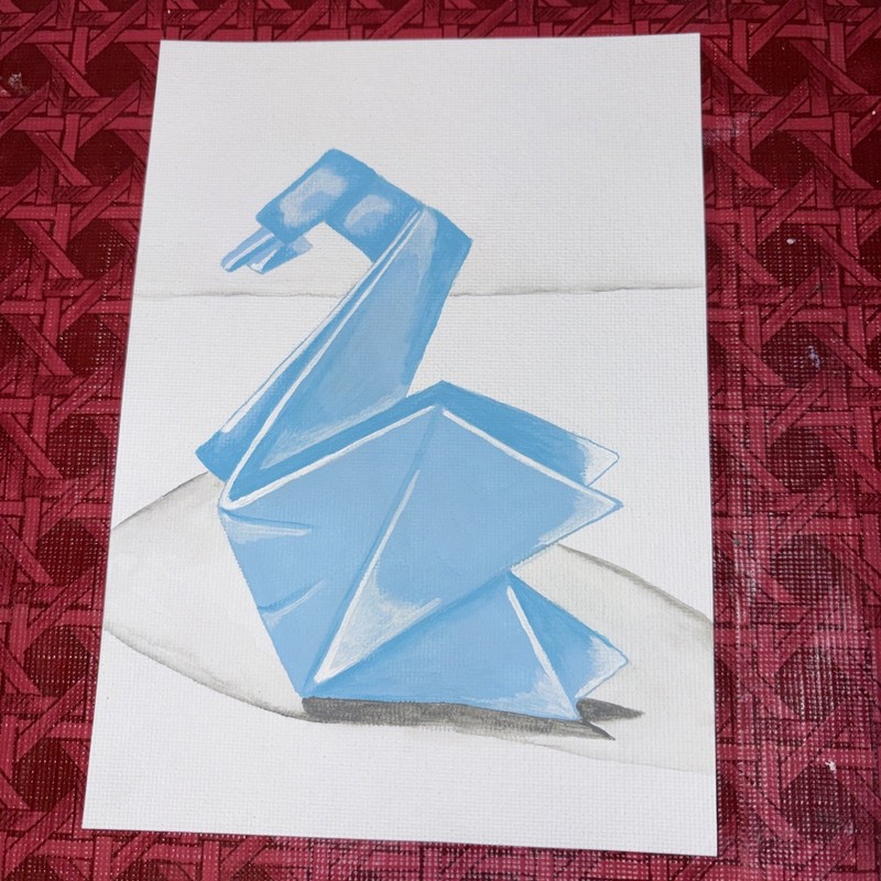 Original Acrylic Painting Art Card Origami Swan Blue Bird 5X7Signed-copy of ACEO