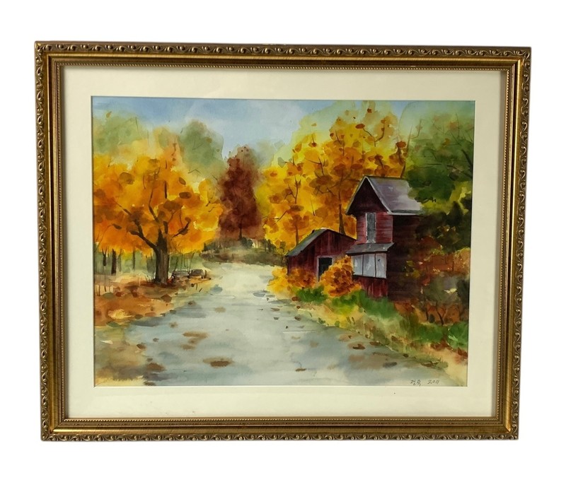 Original Framed and Matted Autumn Landscape Watercolor Painting 25″x21″ Signed