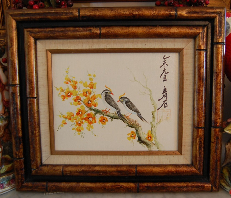 VTG 1980S SIGNED FRAMED ORIGINAL OIL ORIENTAL STYLE BIRDS AND BLOSSOMING TREE gallery