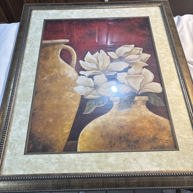 Very Large Art Work Magnolias In A Provence Vase Gold Fram 37” By 32”