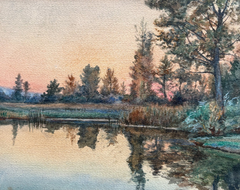Landscape Trees Lake Sunset – Painting Antique Original Watercolor