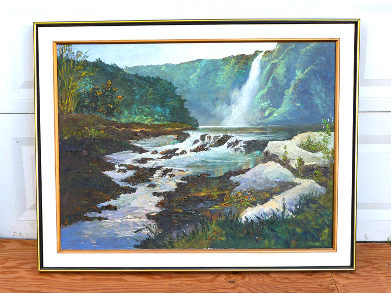 Large original ED FURUIKE Oil Painting Manoa Valley Falls Hawaii 30″ x 40″