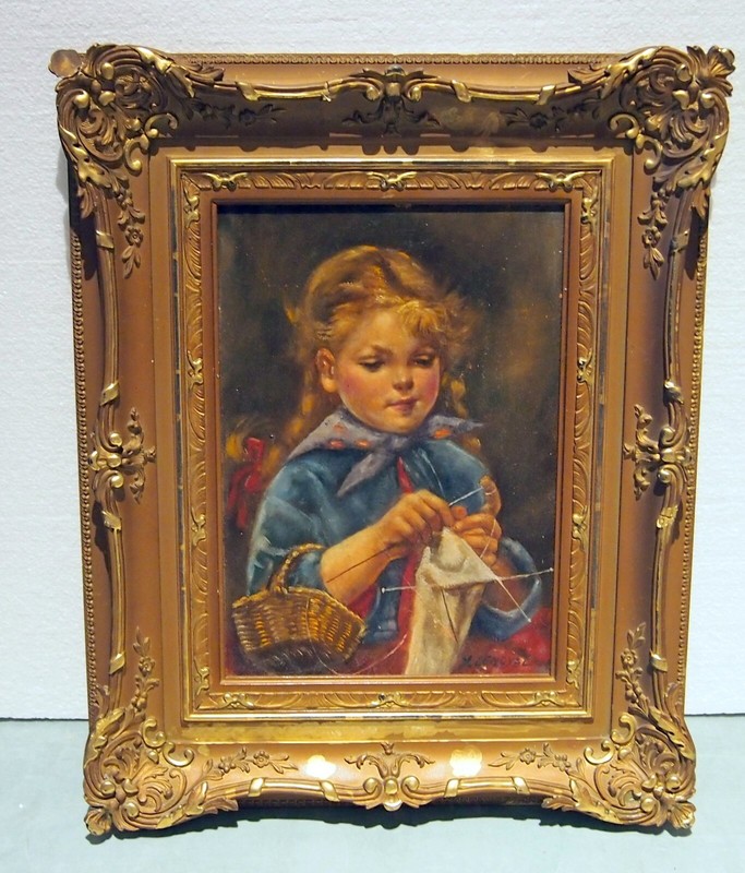 HUNGARIAN 19 C LITTLE GIRL WEAVING OIL ON BOARD ORIGINAL FRAME,SIGNED:Y LENGYEL