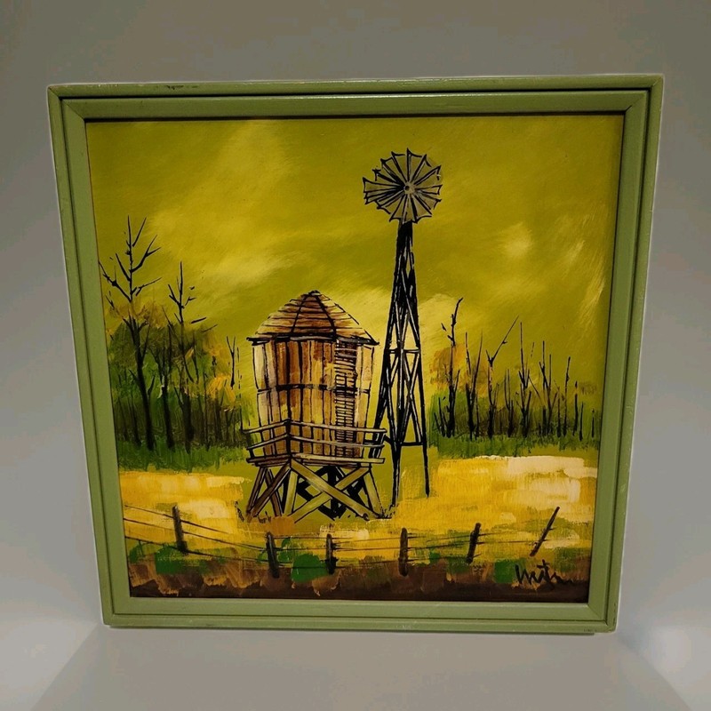 Mid Century Landscape Oil Painting Windmill Signed Vintage 1970s