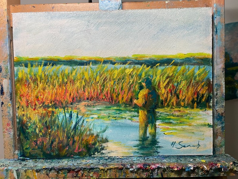 Original Oil Painting Fisherman in Marsh Wetland Landscape 12x16 Andy Semberecki gallery
