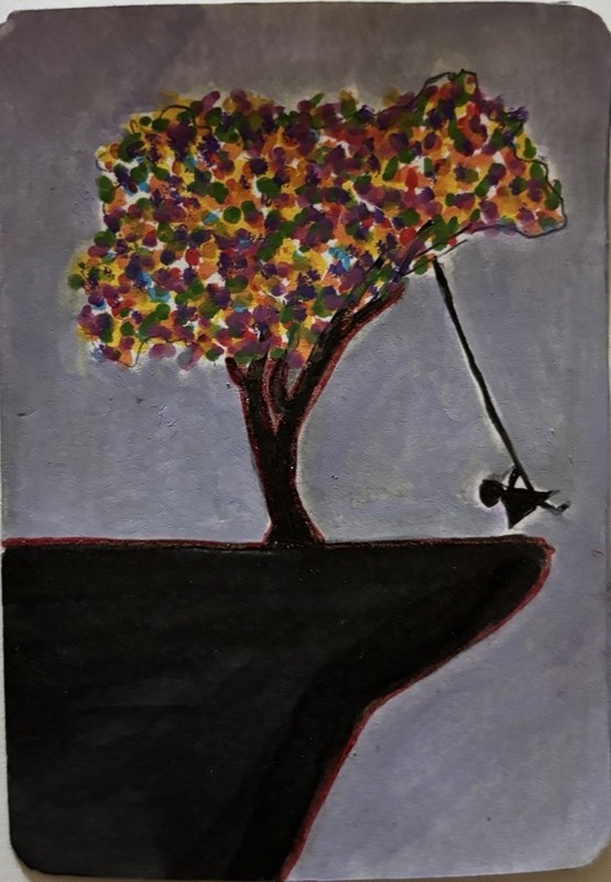 ACEO Original Acrylic & Ink Painting, Cliff Swing , Mini Art Signed By Artist