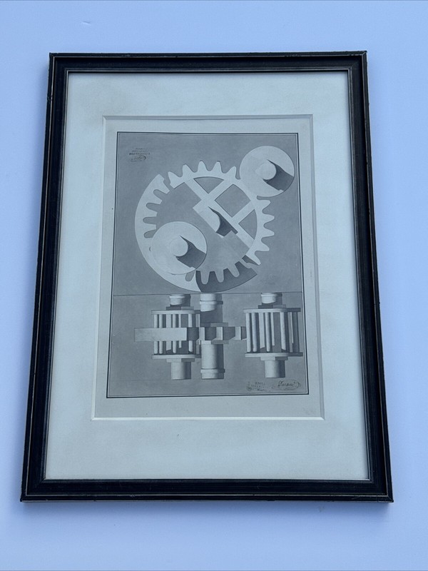 ANTIQUE PAINTING DRAWING ILLUSTRATION ENGINEERING GEAR MECHANICAL Industrial Art