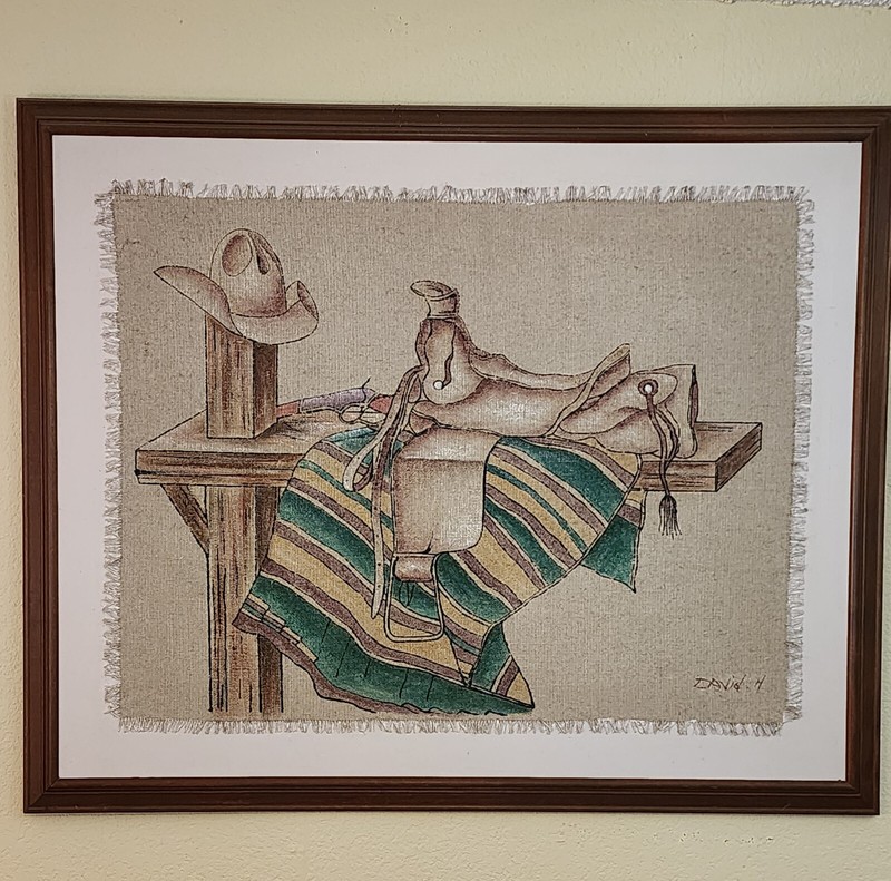 Western art by David H. oil on burlap-canvas