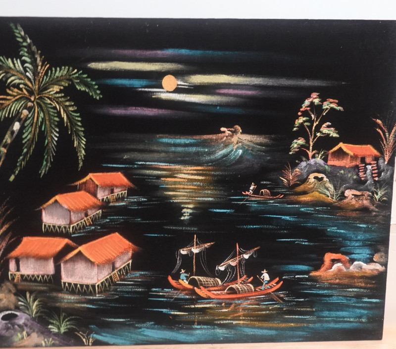 VIETNAMESE FISHERMAN VILLAGE ORIGINAL ACRYLIC ON BLACK VELVET PAINTING UNSIGNED gallery