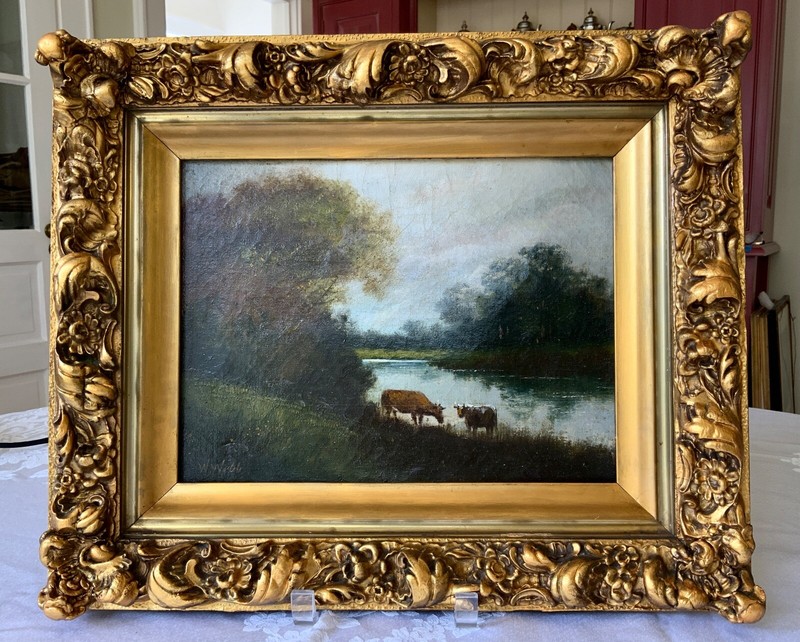 19th Century English Oil Painting Cows by Lake Landscape Signed W.Webb gallery