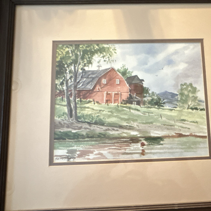 K. Morris Signed Watercolor on Paper Realism Barn River Landscape Framed