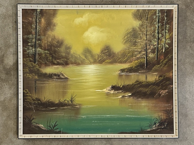 VTG RIVER STREAM LANDSCAPE ORIGINAL OIL ON CANVAS PAINTING M PENA 22.5×19 MCM