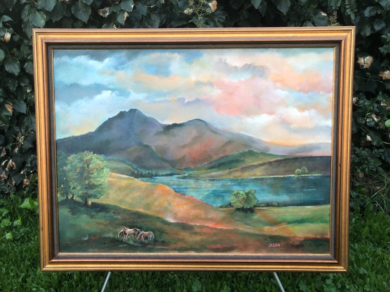 S JASON Original HUGE WILD HORSES SUNSET TONALIST LANDSCAPE RIVER Oil & Canvas
