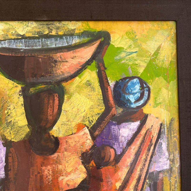 Caribbean Folk Art Painting Villagers Signed Original VTG Canvas Framed 19x27 gallery