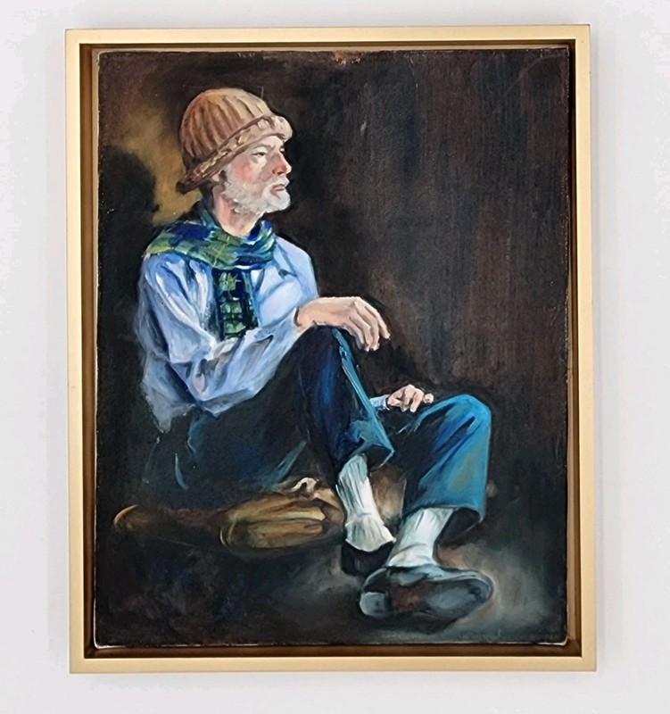 Original Oil Painting Portrait Seated Older Man Blue Scarf & Brown Knit Cap Art