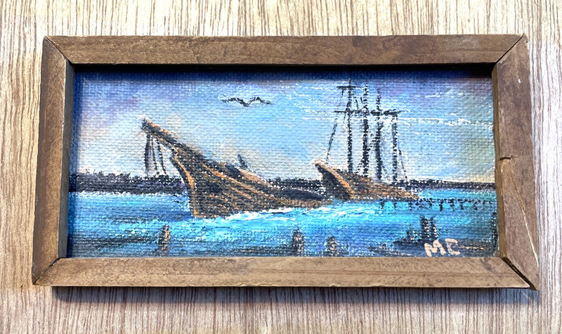 Original Mini Seascape Painting Framed Signed Maxine Cole Ship Boat Nautical