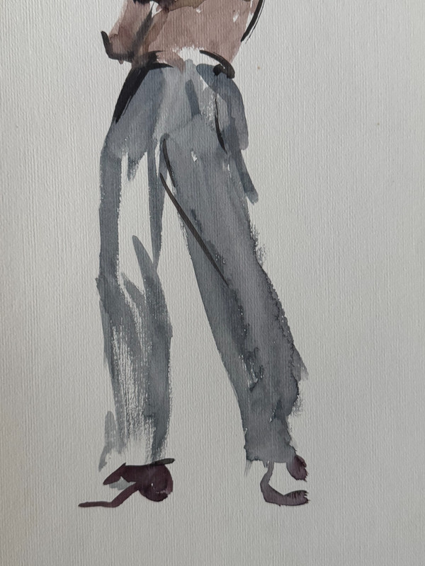 VTG 1950's MCM Watercolor Painting Male Mens Fashion Gay Int 17 x 12 gallery