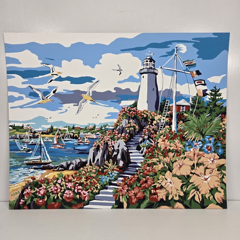 Seaside Villa Lighthouse Finished Acrylic Painting Paint By Number 20×16 Pastel
