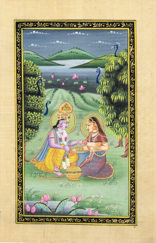 Religious Painting Of Radha Krishna In Love Scene Art On Silk Cloth 7×11 Inches
