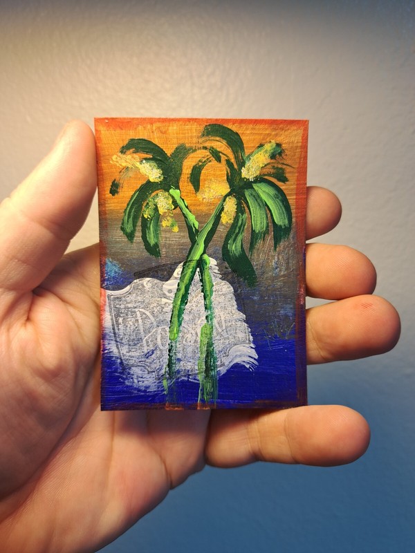 Tropical orange acrylic ink «Friendly Palms» aceo artcard Limited 1/1 Signed