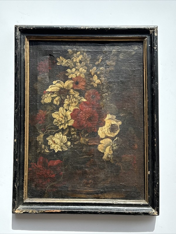 ANTIQUE OLD MASTER PAINTING FLORAL FLOWERS SIGNED MYSTERY OIL 17TH 18TH CENTURY gallery